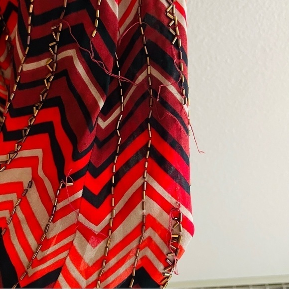 PARKER Women's Red/Orange/Black Keyhole Cut Out Silk Long Sleeve Midi Dress Sz L - Picture 9 of 9